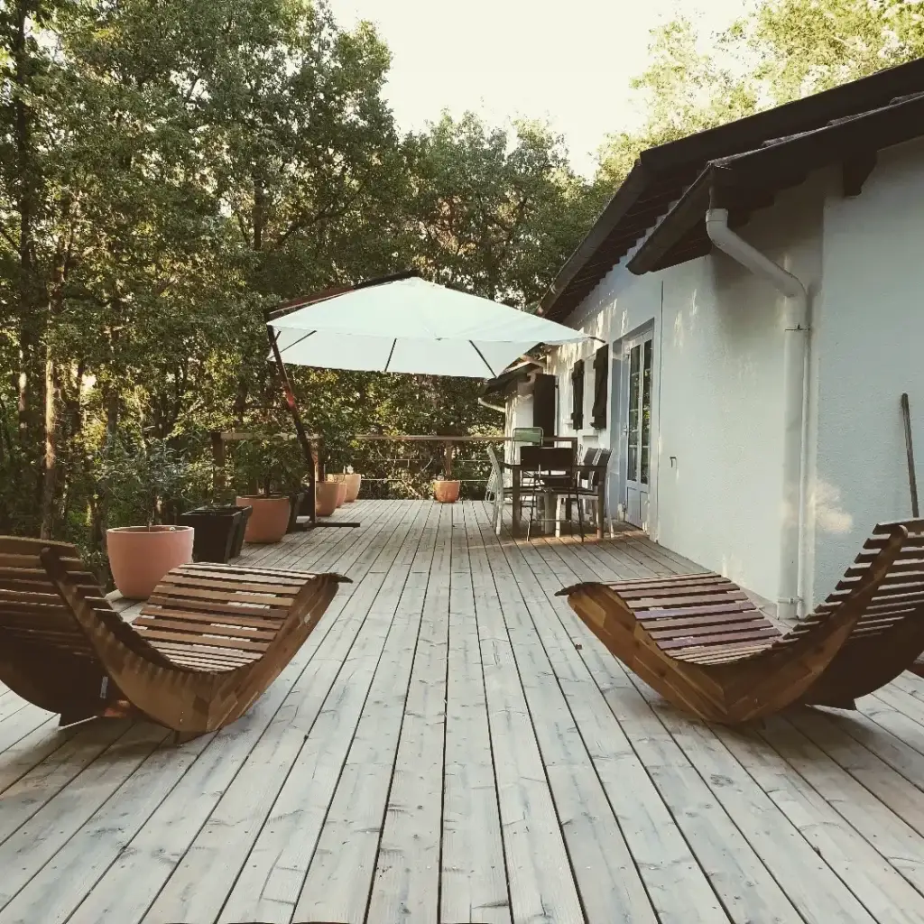 Terrasse bois, pilotis, bobois, Montastruc, Toulouse, Saint jean, extérieur bois